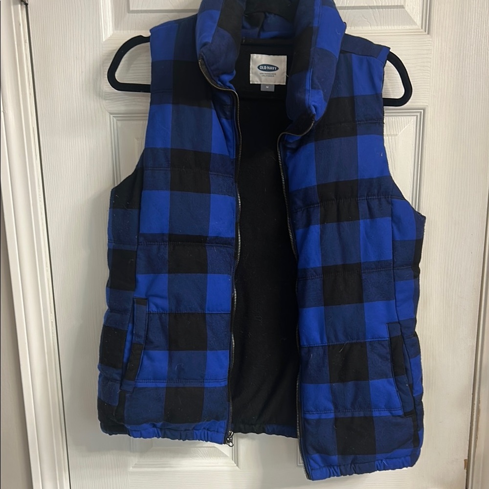 Old Navy Blue and Black Buffalo Plaid Puffer Vest